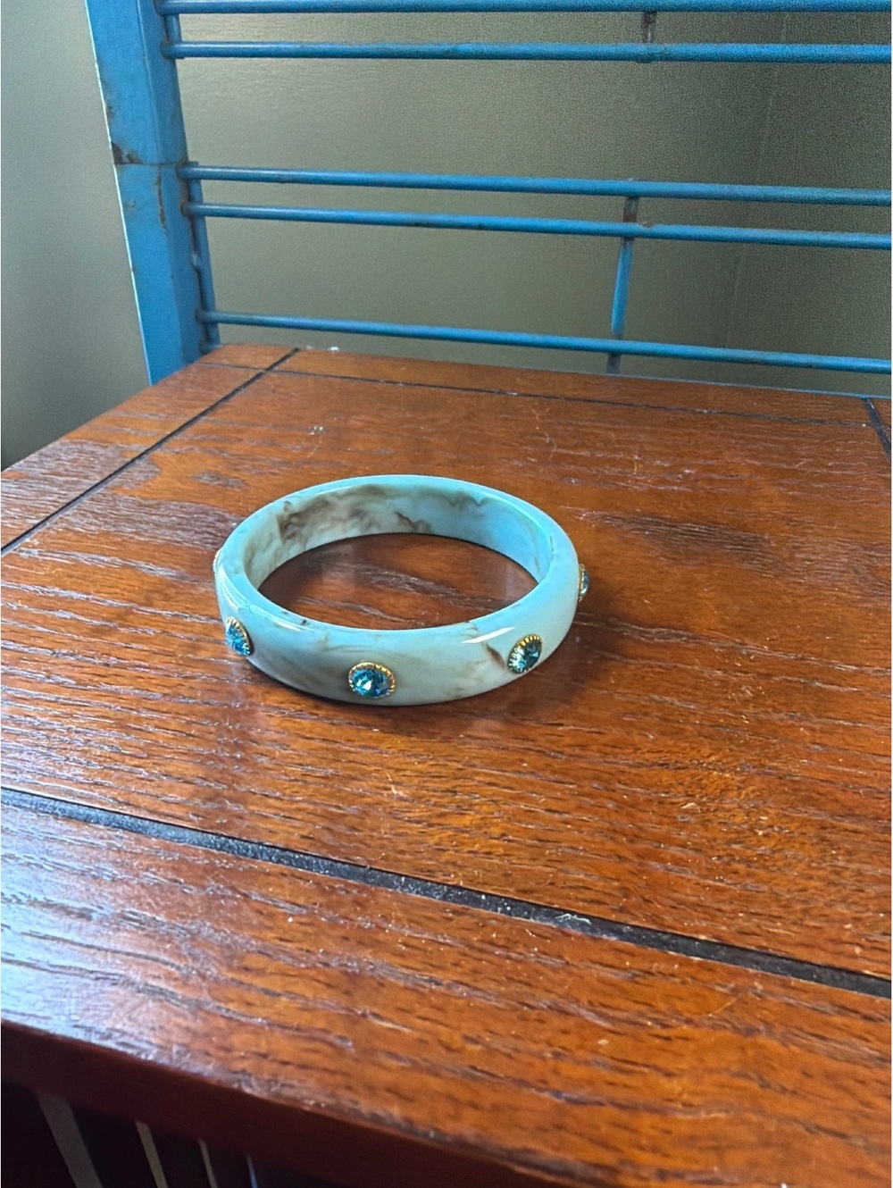Marbled Blue Acrylic Bangle Bracelet with Turquoise Accents - Picture 1 of 3